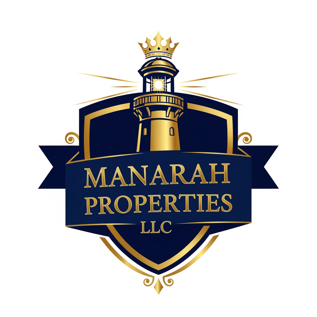AI Design for Create a Golden and Navy. Blue logo for Real Estate agency "Manarah Properties LLC"