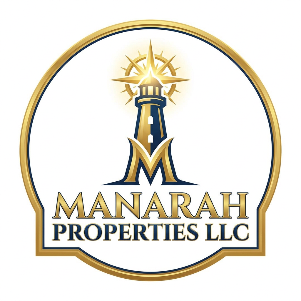 AI Design for Create a Golden and Navy. Blue logo for Real Estate agency "Manarah Properties LLC". Logo should be PNG and big font creative
