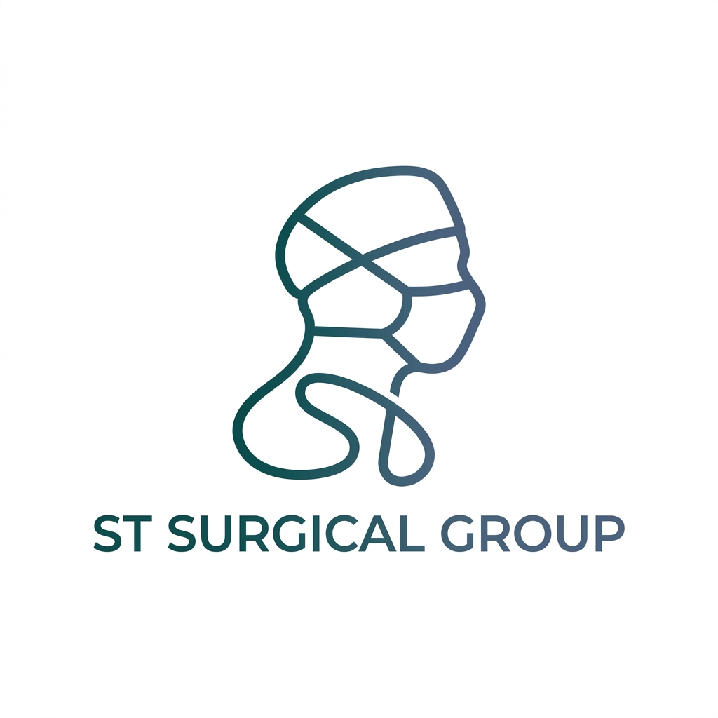 AI Design for A minimalist medical emblem logo for a surgeon. A clean vector side profile of a masked doctor in a surgical cap. The curves of the face profile, the mask contour, and the shoulder loop seamlessly intertwine to reveal the hidden monogram initials "ST" in a highly creative, clever layout. Colors: gradient of dark teal and rich slate blue, isolated on a crisp solid white background. Modern, clinical, premium healthcare icon, flat design, no messy shading.