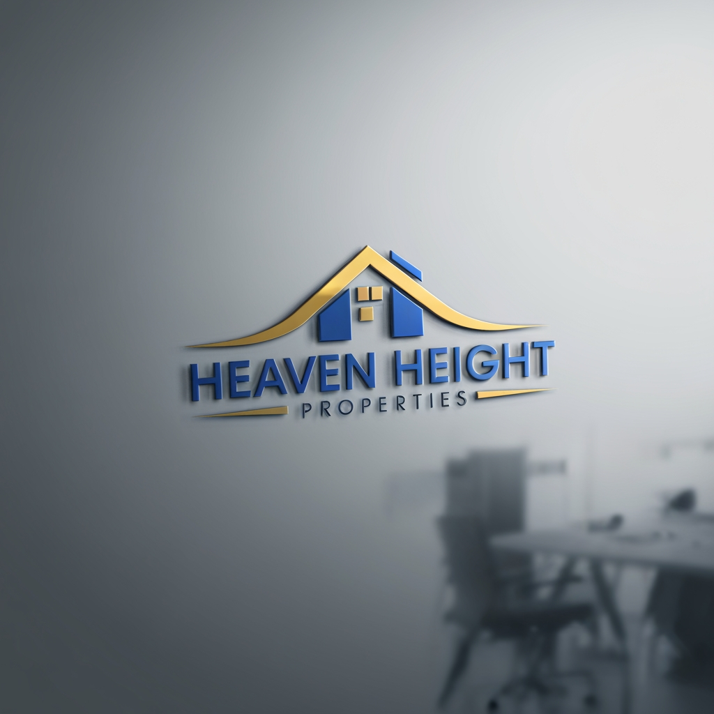 AI Design for Premium logo presentation mockup concept for Logo for a real Estate agency called "Heaven Height Properties" in dubai. The logo color will be Golden and royal blue. Logo should be clean, clear and professional. Logo or brand mark displayed on a clean neutral surface with subtle depth, refined shadow, precise alignment, elegant design-studio presentation, no extra readable text.