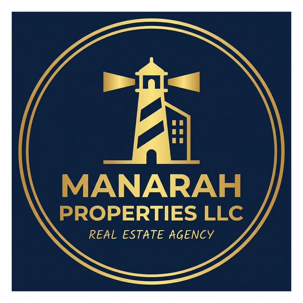 AI Design for Create a Golden and Navy. Blue logo for Real Estate agency "Manarah Properties LLC"
