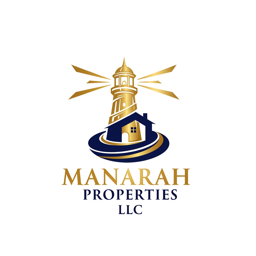 AI Design for Create a Golden and Navy. Blue logo for Real Estate agency "Manarah Properties LLC"
