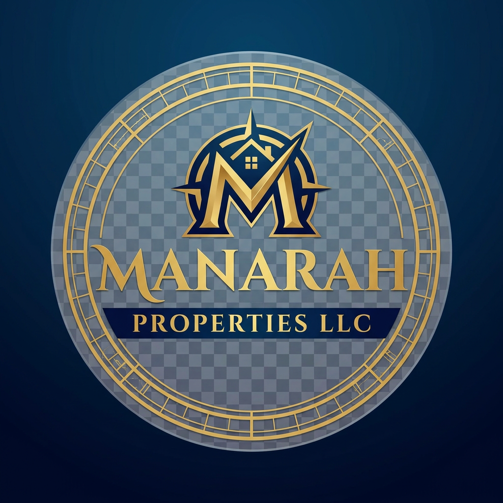 AI Design for Create a Golden and Navy. Blue logo for Real Estate agency "Manarah Properties LLC". Logo should be PNG and big font creative