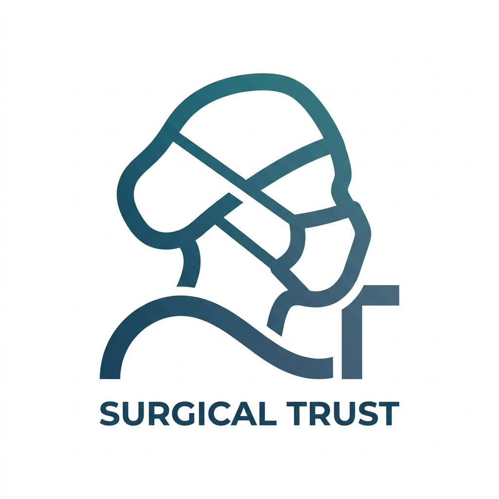 AI Design for A minimalist medical emblem logo for a surgeon. A clean vector side profile of a masked doctor in a surgical cap. The curves of the face profile, the mask contour, and the shoulder loop seamlessly intertwine to reveal the hidden monogram initials "ST" in a highly creative, clever layout. Colors: gradient of dark teal and rich slate blue, isolated on a crisp solid white background. Modern, clinical, premium healthcare icon, flat design, no messy shading.