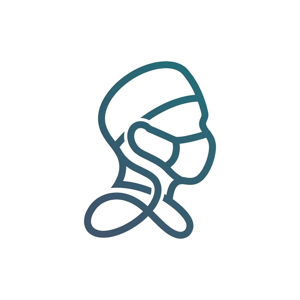 AI Design for A minimalist medical emblem logo for a surgeon. A clean vector side profile of a masked doctor in a surgical cap. The curves of the face profile, the mask contour, and the shoulder loop seamlessly intertwine to reveal the hidden monogram initials "ST" in a highly creative, clever layout. Colors: gradient of dark teal and rich slate blue, isolated on a crisp solid white background. Modern, clinical, premium healthcare icon, flat design, no messy shading.