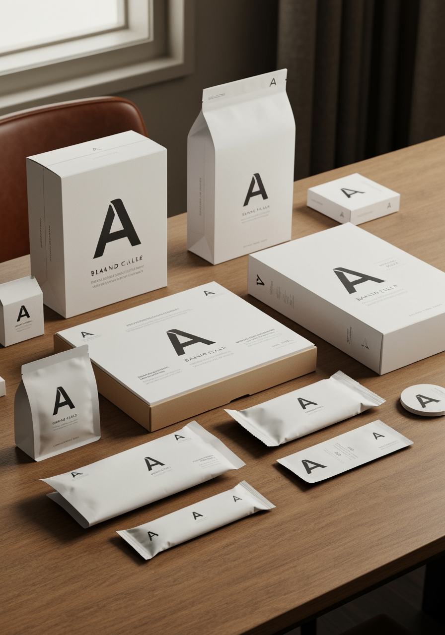 AI Design for Premium packaging mockup concept for A logo. Brand identity applied to realistic boxes, pouches, labels, wraps, or bags as appropriate, polished tabletop scene, tactile materials, no invented readable copy.