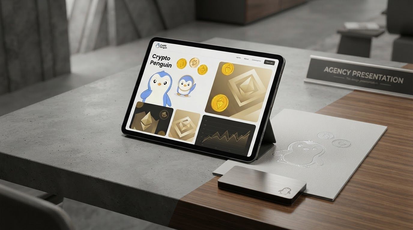 AI Design for Client presentation mockup for brand. Polished scene showing the design direction applied to a realistic surface, screen, poster, or object, premium agency presentation style, no readable placeholder text.
Incorporate the attached brand element reference image (Reference A: brand element "Crypto Penguin Mascot") into the composition where natural — preserve the depicted brand element's appearance.