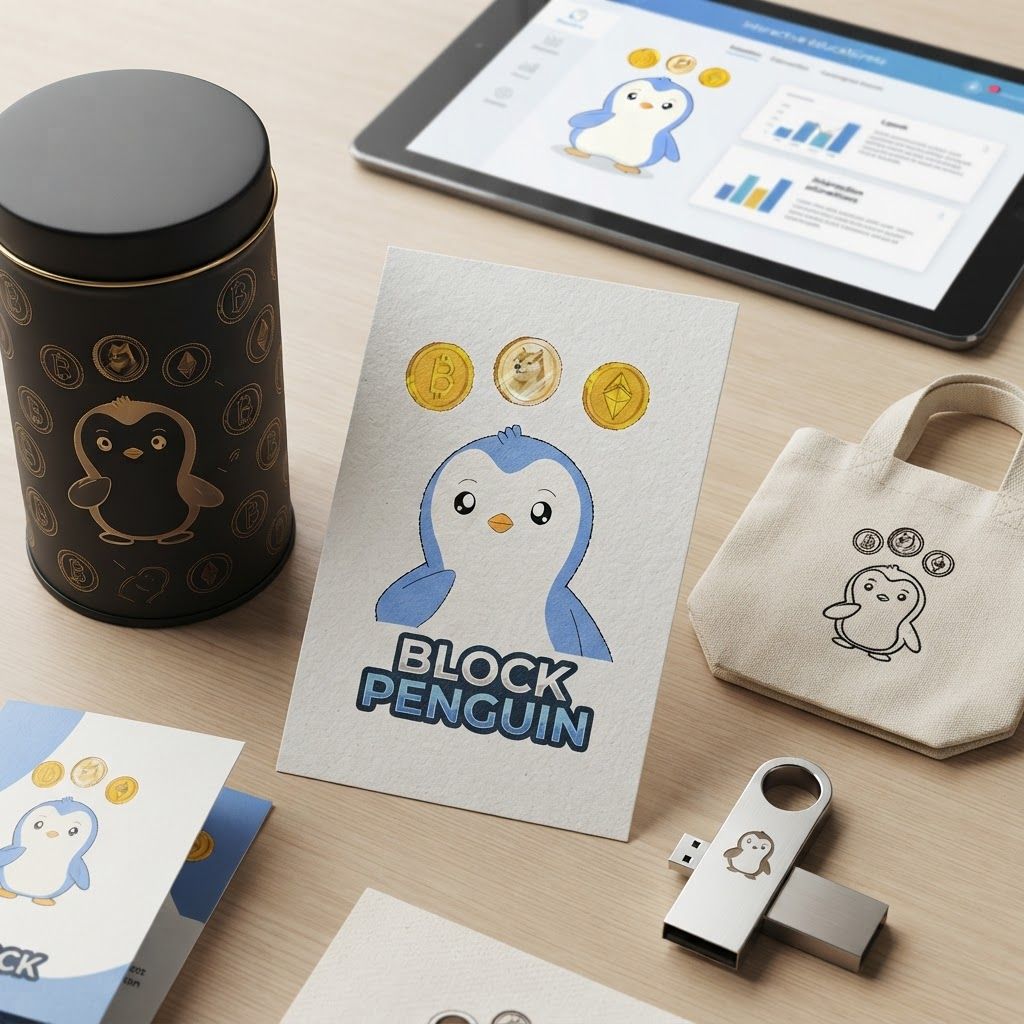 AI Design for Brand application mockup concept for Create a series of playful, character-driven marketing illustrations featuring a cute penguin mascot interacting with various digital currency tokens to simplify complex crypto concepts.. Multiple branded touchpoints in one refined composition, such as stationery, packaging, digital screen, signage, or apparel, realistic materials, no invented readable copy.
Incorporate the attached brand element reference image (Reference A: brand element "Crypto Penguin Mascot") into the composition where natural — preserve the depicted brand element's appearance.