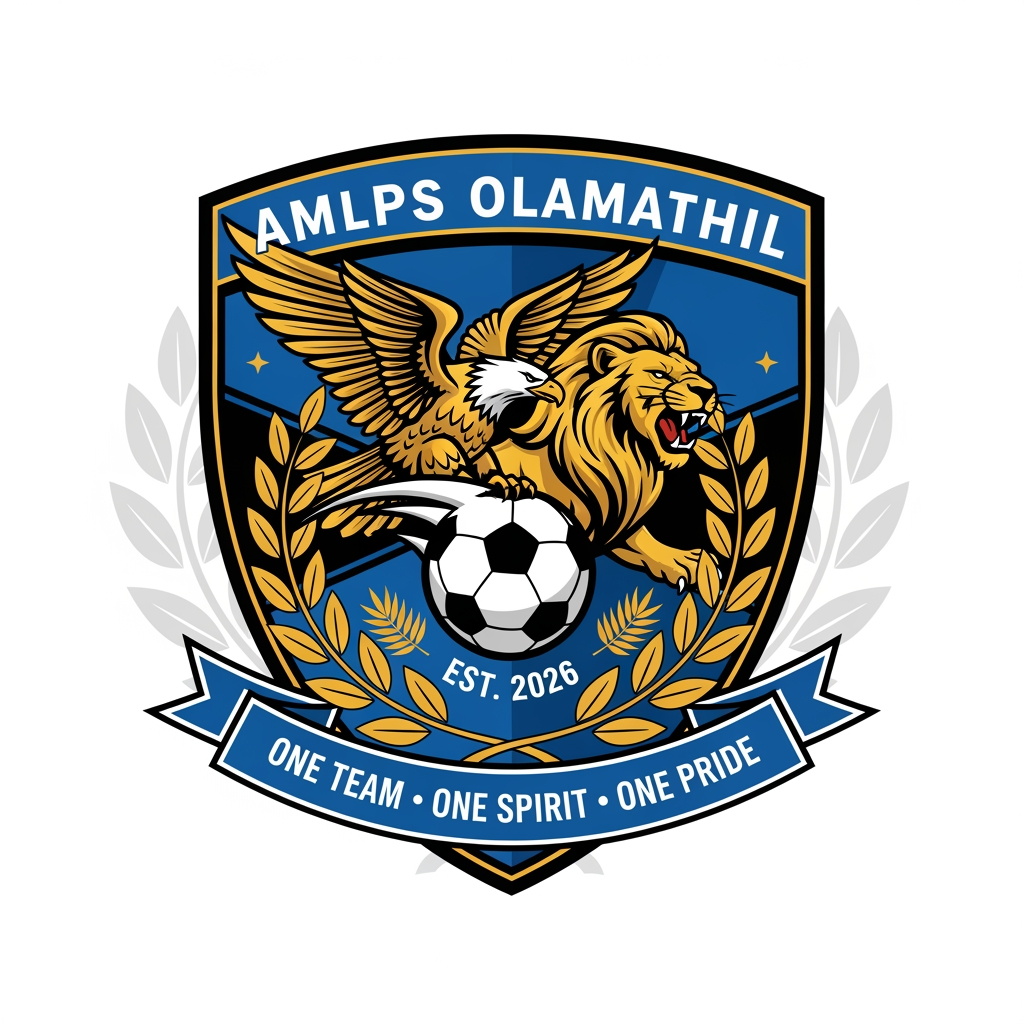 AI Design for Design a premium, modern football club logo for "AMLPS Olamathil Football Club". The logo should symbolize football passion, teamwork, unity, determination, excellence, and the pride of AMLPS Olamathil School.
Create a bold crest-style emblem inspired by professional football clubs, with a clean, timeless, and memorable appearance.
Include:
A dynamic football at the center.
A soaring eagle or roaring lion to represent courage, leadership, and strength.
A laurel wreath symbolizing victory and achievement.
A shield shape representing protection, discipline, and school spirit.
Subtle elements inspired by Kerala, such as palm leaves or traditional motifs, integrated elegantly.
The text "AMLPS OLAMATHIL" prominently displayed.
The year "EST. 2026" (or the school's founding year if preferred).
A ribbon with the motto:
"One Team • One Spirit • One Pride"
Color Palette:
Royal Blue (trust, confidence)
Gold (victory, excellence)
White (unity, purity)
Black accents (strength and professionalism)
Design Style:
Professional football club badge
Flat vector design
Minimal yet powerful
Symmetrical composition
High contrast
Suitable for jerseys, flags, trophies, social media, and merchandise
No gradients, no mockups, transparent background
Crisp, scalable SVG-style vector artwork
The logo should immediately communicate football passion, teamwork, school pride, sportsmanship, discipline, and the fighting spirit of AMLPS Olamathil, with a premium, championship-quality appearance comparable to top international football club emblems. Produce a clean 4K vector-style logo with exceptional detail and balance.