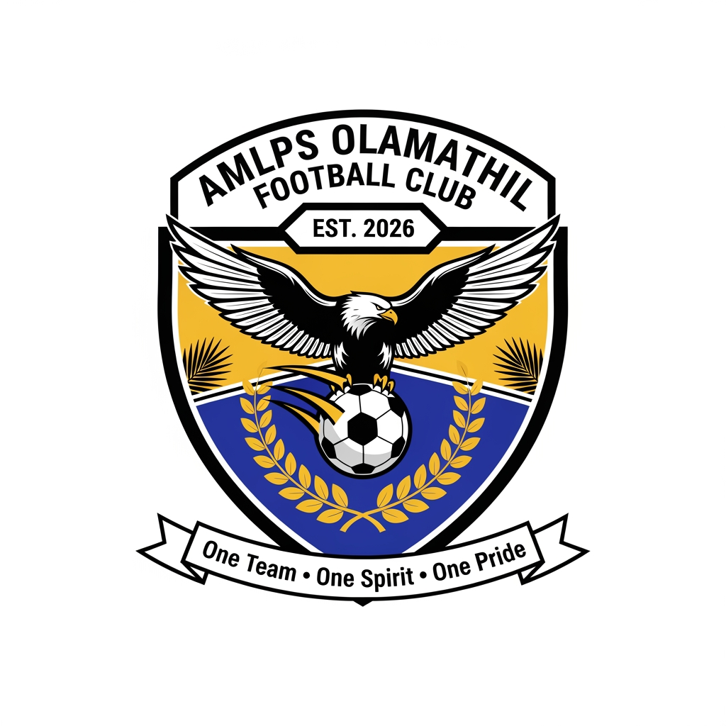 AI Design for Design a premium, modern football club logo for "AMLPS Olamathil Football Club". The logo should symbolize football passion, teamwork, unity, determination, excellence, and the pride of AMLPS Olamathil School.
Create a bold crest-style emblem inspired by professional football clubs, with a clean, timeless, and memorable appearance.
Include:
A dynamic football at the center.
A soaring eagle or roaring lion to represent courage, leadership, and strength.
A laurel wreath symbolizing victory and achievement.
A shield shape representing protection, discipline, and school spirit.
Subtle elements inspired by Kerala, such as palm leaves or traditional motifs, integrated elegantly.
The text "AMLPS OLAMATHIL" prominently displayed.
The year "EST. 2026" (or the school's founding year if preferred).
A ribbon with the motto:
"One Team • One Spirit • One Pride"
Color Palette:
Royal Blue (trust, confidence)
Gold (victory, excellence)
White (unity, purity)
Black accents (strength and professionalism)
Design Style:
Professional football club badge
Flat vector design
Minimal yet powerful
Symmetrical composition
High contrast
Suitable for jerseys, flags, trophies, social media, and merchandise
No gradients, no mockups, transparent background
Crisp, scalable SVG-style vector artwork
The logo should immediately communicate football passion, teamwork, school pride, sportsmanship, discipline, and the fighting spirit of AMLPS Olamathil, with a premium, championship-quality appearance comparable to top international football club emblems. Produce a clean 4K vector-style logo with exceptional detail and balance.