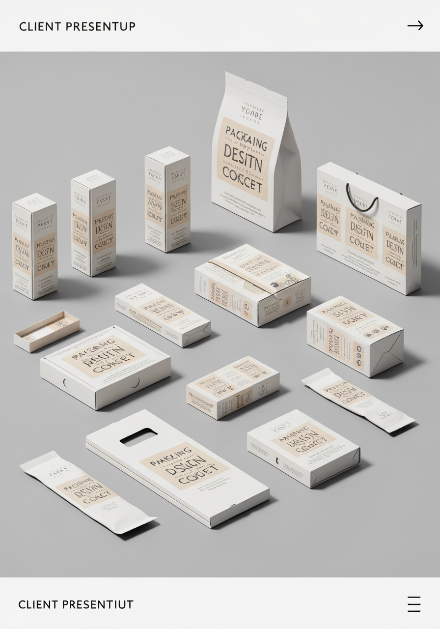 AI Design for Packaging design route concept for Campaign concepts for a client pitch. Client-presentation mockup with boxes, bags, labels, wraps, or product containers, realistic print finish, cohesive visual system, no fake readable text.