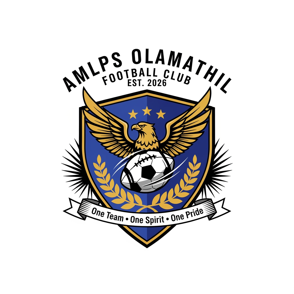 AI Design for Design a premium, modern football club logo for "AMLPS Olamathil Football Club". The logo should symbolize football passion, teamwork, unity, determination, excellence, and the pride of AMLPS Olamathil School.
Create a bold crest-style emblem inspired by professional football clubs, with a clean, timeless, and memorable appearance.
Include:
A dynamic football at the center.
A soaring eagle or roaring lion to represent courage, leadership, and strength.
A laurel wreath symbolizing victory and achievement.
A shield shape representing protection, discipline, and school spirit.
Subtle elements inspired by Kerala, such as palm leaves or traditional motifs, integrated elegantly.
The text "AMLPS OLAMATHIL" prominently displayed.
The year "EST. 2026" (or the school's founding year if preferred).
A ribbon with the motto:
"One Team • One Spirit • One Pride"
Color Palette:
Royal Blue (trust, confidence)
Gold (victory, excellence)
White (unity, purity)
Black accents (strength and professionalism)
Design Style:
Professional football club badge
Flat vector design
Minimal yet powerful
Symmetrical composition
High contrast
Suitable for jerseys, flags, trophies, social media, and merchandise
No gradients, no mockups, transparent background
Crisp, scalable SVG-style vector artwork
The logo should immediately communicate football passion, teamwork, school pride, sportsmanship, discipline, and the fighting spirit of AMLPS Olamathil, with a premium, championship-quality appearance comparable to top international football club emblems. Produce a clean 4K vector-style logo with exceptional detail and balance.
