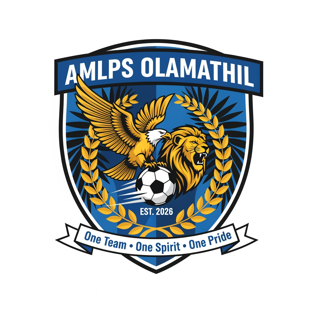 AI Design for Design a premium, modern football club logo for "AMLPS Olamathil Football Club". The logo should symbolize football passion, teamwork, unity, determination, excellence, and the pride of AMLPS Olamathil School.
Create a bold crest-style emblem inspired by professional football clubs, with a clean, timeless, and memorable appearance.
Include:
A dynamic football at the center.
A soaring eagle or roaring lion to represent courage, leadership, and strength.
A laurel wreath symbolizing victory and achievement.
A shield shape representing protection, discipline, and school spirit.
Subtle elements inspired by Kerala, such as palm leaves or traditional motifs, integrated elegantly.
The text "AMLPS OLAMATHIL" prominently displayed.
The year "EST. 2026" (or the school's founding year if preferred).
A ribbon with the motto:
"One Team • One Spirit • One Pride"
Color Palette:
Royal Blue (trust, confidence)
Gold (victory, excellence)
White (unity, purity)
Black accents (strength and professionalism)
Design Style:
Professional football club badge
Flat vector design
Minimal yet powerful
Symmetrical composition
High contrast
Suitable for jerseys, flags, trophies, social media, and merchandise
No gradients, no mockups, transparent background
Crisp, scalable SVG-style vector artwork
The logo should immediately communicate football passion, teamwork, school pride, sportsmanship, discipline, and the fighting spirit of AMLPS Olamathil, with a premium, championship-quality appearance comparable to top international football club emblems. Produce a clean 4K vector-style logo with exceptional detail and balance.