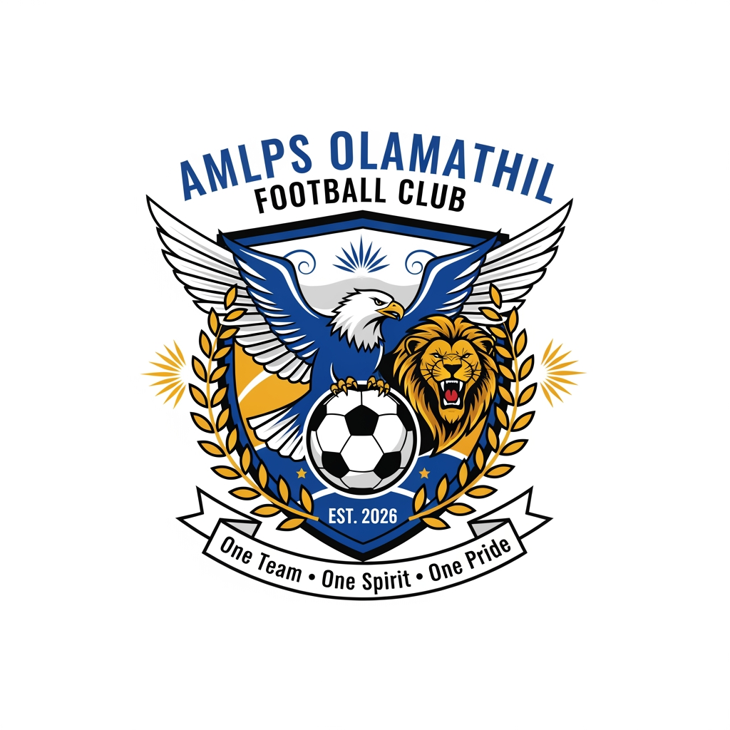 AI Design for Design a premium, modern football club logo for "AMLPS Olamathil Football Club". The logo should symbolize football passion, teamwork, unity, determination, excellence, and the pride of AMLPS Olamathil School.
Create a bold crest-style emblem inspired by professional football clubs, with a clean, timeless, and memorable appearance.
Include:
A dynamic football at the center.
A soaring eagle or roaring lion to represent courage, leadership, and strength.
A laurel wreath symbolizing victory and achievement.
A shield shape representing protection, discipline, and school spirit.
Subtle elements inspired by Kerala, such as palm leaves or traditional motifs, integrated elegantly.
The text "AMLPS OLAMATHIL" prominently displayed.
The year "EST. 2026" (or the school's founding year if preferred).
A ribbon with the motto:
"One Team • One Spirit • One Pride"
Color Palette:
Royal Blue (trust, confidence)
Gold (victory, excellence)
White (unity, purity)
Black accents (strength and professionalism)
Design Style:
Professional football club badge
Flat vector design
Minimal yet powerful
Symmetrical composition
High contrast
Suitable for jerseys, flags, trophies, social media, and merchandise
No gradients, no mockups, transparent background
Crisp, scalable SVG-style vector artwork
The logo should immediately communicate football passion, teamwork, school pride, sportsmanship, discipline, and the fighting spirit of AMLPS Olamathil, with a premium, championship-quality appearance comparable to top international football club emblems. Produce a clean 4K vector-style logo with exceptional detail and balance.