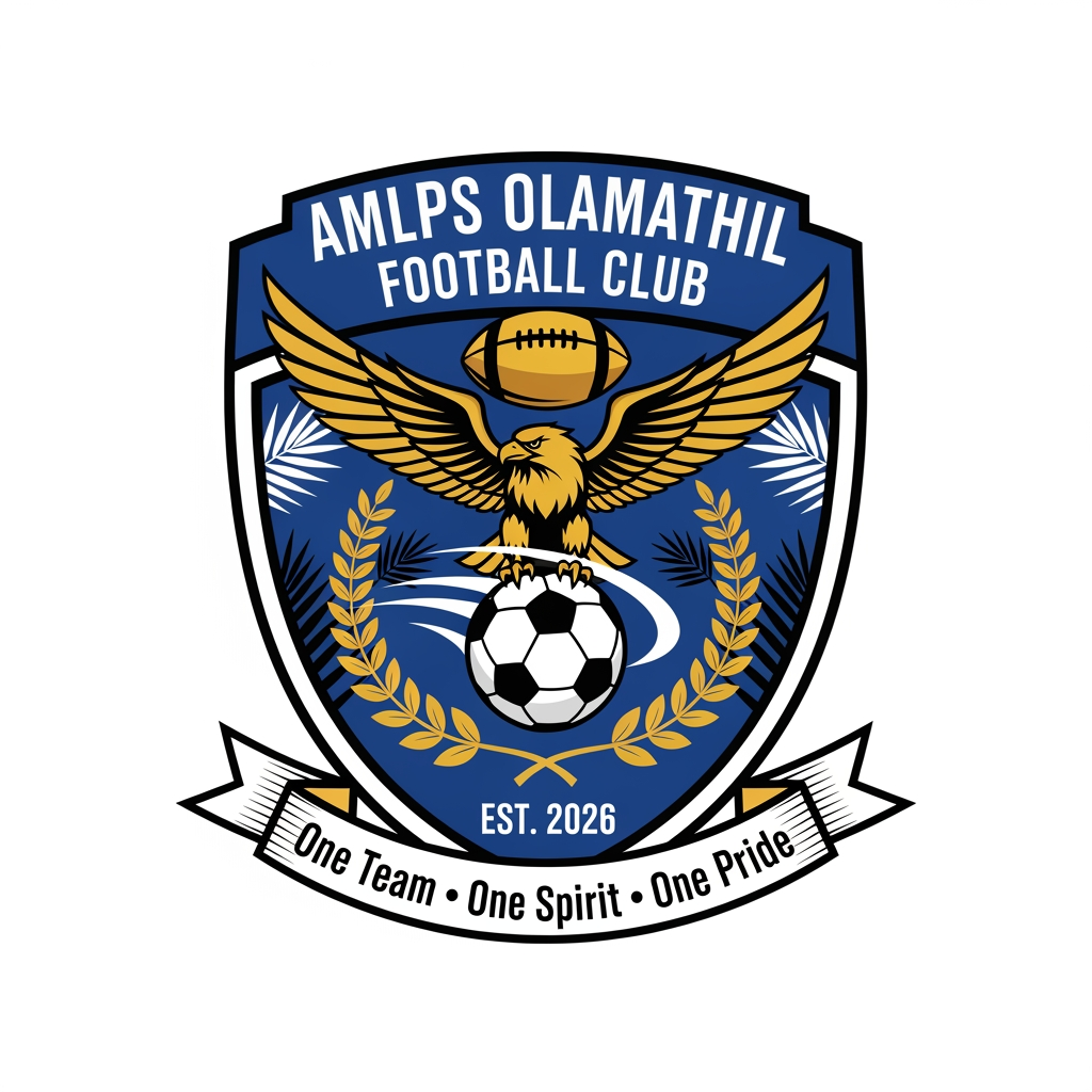AI Design for Design a premium, modern football club logo for "AMLPS Olamathil Football Club". The logo should symbolize football passion, teamwork, unity, determination, excellence, and the pride of AMLPS Olamathil School.
Create a bold crest-style emblem inspired by professional football clubs, with a clean, timeless, and memorable appearance.
Include:
A dynamic football at the center.
A soaring eagle or roaring lion to represent courage, leadership, and strength.
A laurel wreath symbolizing victory and achievement.
A shield shape representing protection, discipline, and school spirit.
Subtle elements inspired by Kerala, such as palm leaves or traditional motifs, integrated elegantly.
The text "AMLPS OLAMATHIL" prominently displayed.
The year "EST. 2026" (or the school's founding year if preferred).
A ribbon with the motto:
"One Team • One Spirit • One Pride"
Color Palette:
Royal Blue (trust, confidence)
Gold (victory, excellence)
White (unity, purity)
Black accents (strength and professionalism)
Design Style:
Professional football club badge
Flat vector design
Minimal yet powerful
Symmetrical composition
High contrast
Suitable for jerseys, flags, trophies, social media, and merchandise
No gradients, no mockups, transparent background
Crisp, scalable SVG-style vector artwork
The logo should immediately communicate football passion, teamwork, school pride, sportsmanship, discipline, and the fighting spirit of AMLPS Olamathil, with a premium, championship-quality appearance comparable to top international football club emblems. Produce a clean 4K vector-style logo with exceptional detail and balance.