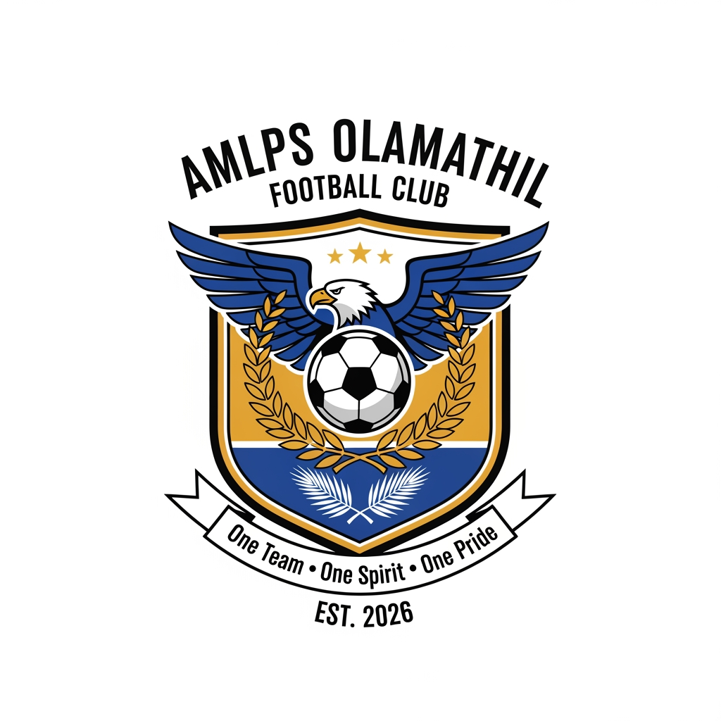 AI Design for Design a premium, modern football club logo for "AMLPS Olamathil Football Club". The logo should symbolize football passion, teamwork, unity, determination, excellence, and the pride of AMLPS Olamathil School.
Create a bold crest-style emblem inspired by professional football clubs, with a clean, timeless, and memorable appearance.
Include:
A dynamic football at the center.
A soaring eagle or roaring lion to represent courage, leadership, and strength.
A laurel wreath symbolizing victory and achievement.
A shield shape representing protection, discipline, and school spirit.
Subtle elements inspired by Kerala, such as palm leaves or traditional motifs, integrated elegantly.
The text "AMLPS OLAMATHIL" prominently displayed.
The year "EST. 2026" (or the school's founding year if preferred).
A ribbon with the motto:
"One Team • One Spirit • One Pride"
Color Palette:
Royal Blue (trust, confidence)
Gold (victory, excellence)
White (unity, purity)
Black accents (strength and professionalism)
Design Style:
Professional football club badge
Flat vector design
Minimal yet powerful
Symmetrical composition
High contrast
Suitable for jerseys, flags, trophies, social media, and merchandise
No gradients, no mockups, transparent background
Crisp, scalable SVG-style vector artwork
The logo should immediately communicate football passion, teamwork, school pride, sportsmanship, discipline, and the fighting spirit of AMLPS Olamathil, with a premium, championship-quality appearance comparable to top international football club emblems. Produce a clean 4K vector-style logo with exceptional detail and balance.