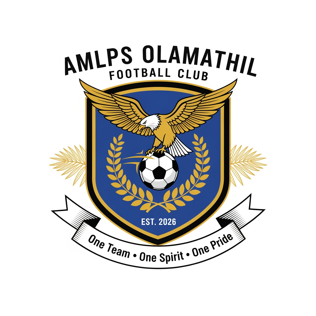 AI Design for Design a premium, modern football club logo for "AMLPS Olamathil Football Club". The logo should symbolize football passion, teamwork, unity, determination, excellence, and the pride of AMLPS Olamathil School.
Create a bold crest-style emblem inspired by professional football clubs, with a clean, timeless, and memorable appearance.
Include:
A dynamic football at the center.
A soaring eagle or roaring lion to represent courage, leadership, and strength.
A laurel wreath symbolizing victory and achievement.
A shield shape representing protection, discipline, and school spirit.
Subtle elements inspired by Kerala, such as palm leaves or traditional motifs, integrated elegantly.
The text "AMLPS OLAMATHIL" prominently displayed.
The year "EST. 2026" (or the school's founding year if preferred).
A ribbon with the motto:
"One Team • One Spirit • One Pride"
Color Palette:
Royal Blue (trust, confidence)
Gold (victory, excellence)
White (unity, purity)
Black accents (strength and professionalism)
Design Style:
Professional football club badge
Flat vector design
Minimal yet powerful
Symmetrical composition
High contrast
Suitable for jerseys, flags, trophies, social media, and merchandise
No gradients, no mockups, transparent background
Crisp, scalable SVG-style vector artwork
The logo should immediately communicate football passion, teamwork, school pride, sportsmanship, discipline, and the fighting spirit of AMLPS Olamathil, with a premium, championship-quality appearance comparable to top international football club emblems. Produce a clean 4K vector-style logo with exceptional detail and balance.