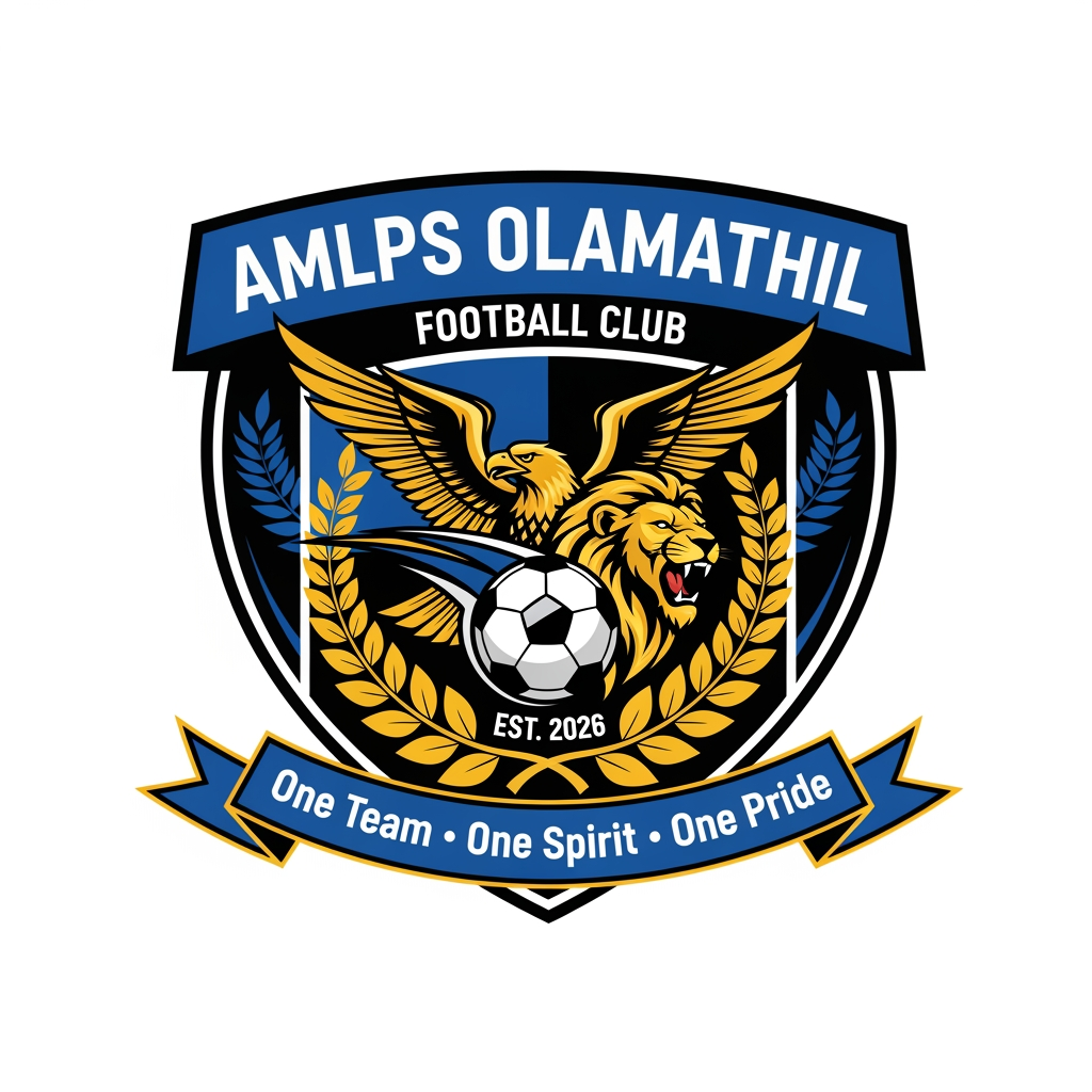 AI Design for Design a premium, modern football club logo for "AMLPS Olamathil Football Club". The logo should symbolize football passion, teamwork, unity, determination, excellence, and the pride of AMLPS Olamathil School.
Create a bold crest-style emblem inspired by professional football clubs, with a clean, timeless, and memorable appearance.
Include:
A dynamic football at the center.
A soaring eagle or roaring lion to represent courage, leadership, and strength.
A laurel wreath symbolizing victory and achievement.
A shield shape representing protection, discipline, and school spirit.
Subtle elements inspired by Kerala, such as palm leaves or traditional motifs, integrated elegantly.
The text "AMLPS OLAMATHIL" prominently displayed.
The year "EST. 2026" (or the school's founding year if preferred).
A ribbon with the motto:
"One Team • One Spirit • One Pride"
Color Palette:
Royal Blue (trust, confidence)
Gold (victory, excellence)
White (unity, purity)
Black accents (strength and professionalism)
Design Style:
Professional football club badge
Flat vector design
Minimal yet powerful
Symmetrical composition
High contrast
Suitable for jerseys, flags, trophies, social media, and merchandise
No gradients, no mockups, transparent background
Crisp, scalable SVG-style vector artwork
The logo should immediately communicate football passion, teamwork, school pride, sportsmanship, discipline, and the fighting spirit of AMLPS Olamathil, with a premium, championship-quality appearance comparable to top international football club emblems. Produce a clean 4K vector-style logo with exceptional detail and balance.