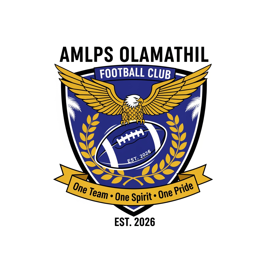 AI Design for Design a premium, modern football club logo for "AMLPS Olamathil Football Club". The logo should symbolize football passion, teamwork, unity, determination, excellence, and the pride of AMLPS Olamathil School.
Create a bold crest-style emblem inspired by professional football clubs, with a clean, timeless, and memorable appearance.
Include:
A dynamic football at the center.
A soaring eagle or roaring lion to represent courage, leadership, and strength.
A laurel wreath symbolizing victory and achievement.
A shield shape representing protection, discipline, and school spirit.
Subtle elements inspired by Kerala, such as palm leaves or traditional motifs, integrated elegantly.
The text "AMLPS OLAMATHIL" prominently displayed.
The year "EST. 2026" (or the school's founding year if preferred).
A ribbon with the motto:
"One Team • One Spirit • One Pride"
Color Palette:
Royal Blue (trust, confidence)
Gold (victory, excellence)
White (unity, purity)
Black accents (strength and professionalism)
Design Style:
Professional football club badge
Flat vector design
Minimal yet powerful
Symmetrical composition
High contrast
Suitable for jerseys, flags, trophies, social media, and merchandise
No gradients, no mockups, transparent background
Crisp, scalable SVG-style vector artwork
The logo should immediately communicate football passion, teamwork, school pride, sportsmanship, discipline, and the fighting spirit of AMLPS Olamathil, with a premium, championship-quality appearance comparable to top international football club emblems. Produce a clean 4K vector-style logo with exceptional detail and balance.