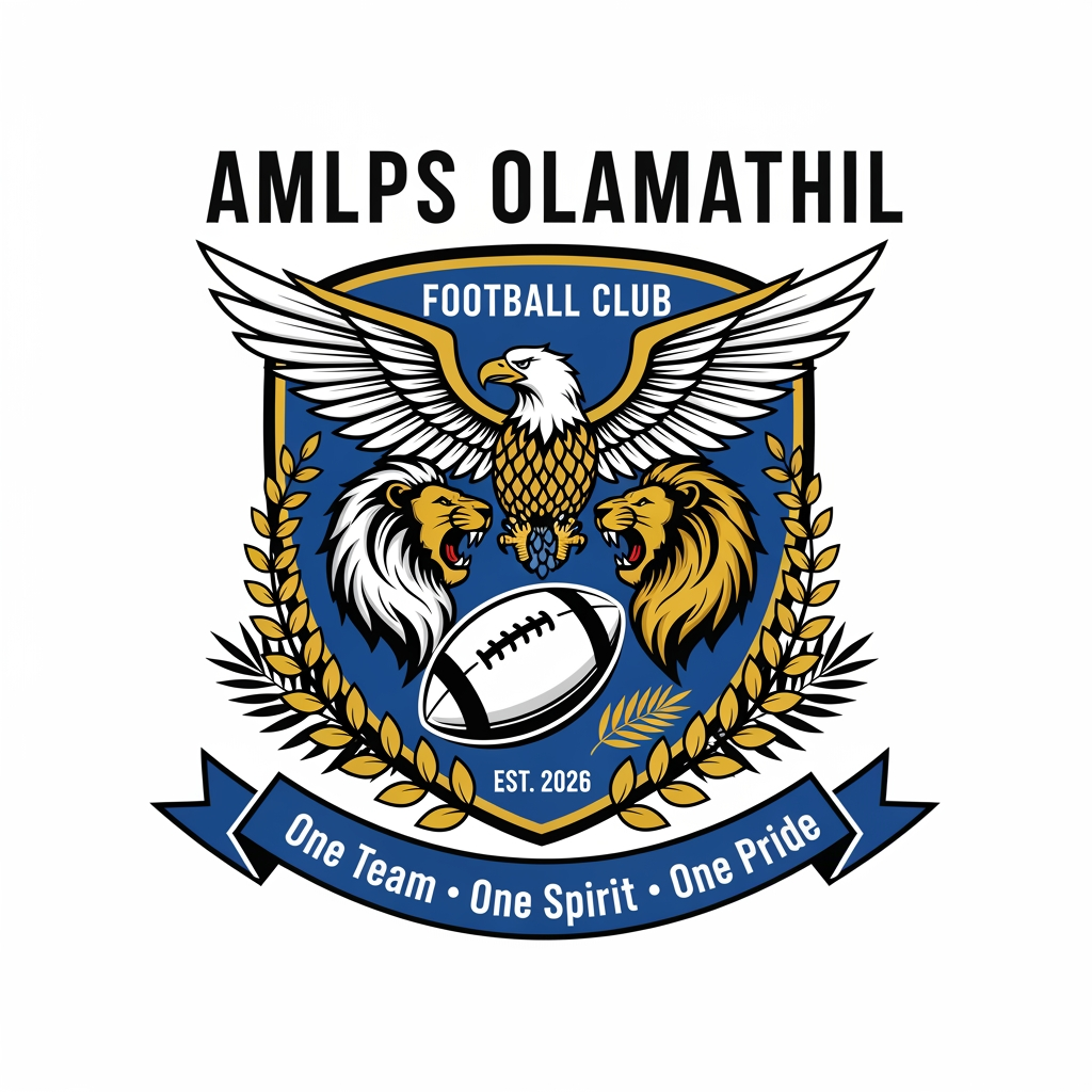 AI Design for Design a premium, modern football club logo for "AMLPS Olamathil Football Club". The logo should symbolize football passion, teamwork, unity, determination, excellence, and the pride of AMLPS Olamathil School.
Create a bold crest-style emblem inspired by professional football clubs, with a clean, timeless, and memorable appearance.
Include:
A dynamic football at the center.
A soaring eagle or roaring lion to represent courage, leadership, and strength.
A laurel wreath symbolizing victory and achievement.
A shield shape representing protection, discipline, and school spirit.
Subtle elements inspired by Kerala, such as palm leaves or traditional motifs, integrated elegantly.
The text "AMLPS OLAMATHIL" prominently displayed.
The year "EST. 2026" (or the school's founding year if preferred).
A ribbon with the motto:
"One Team • One Spirit • One Pride"
Color Palette:
Royal Blue (trust, confidence)
Gold (victory, excellence)
White (unity, purity)
Black accents (strength and professionalism)
Design Style:
Professional football club badge
Flat vector design
Minimal yet powerful
Symmetrical composition
High contrast
Suitable for jerseys, flags, trophies, social media, and merchandise
No gradients, no mockups, transparent background
Crisp, scalable SVG-style vector artwork
The logo should immediately communicate football passion, teamwork, school pride, sportsmanship, discipline, and the fighting spirit of AMLPS Olamathil, with a premium, championship-quality appearance comparable to top international football club emblems. Produce a clean 4K vector-style logo with exceptional detail and balance.