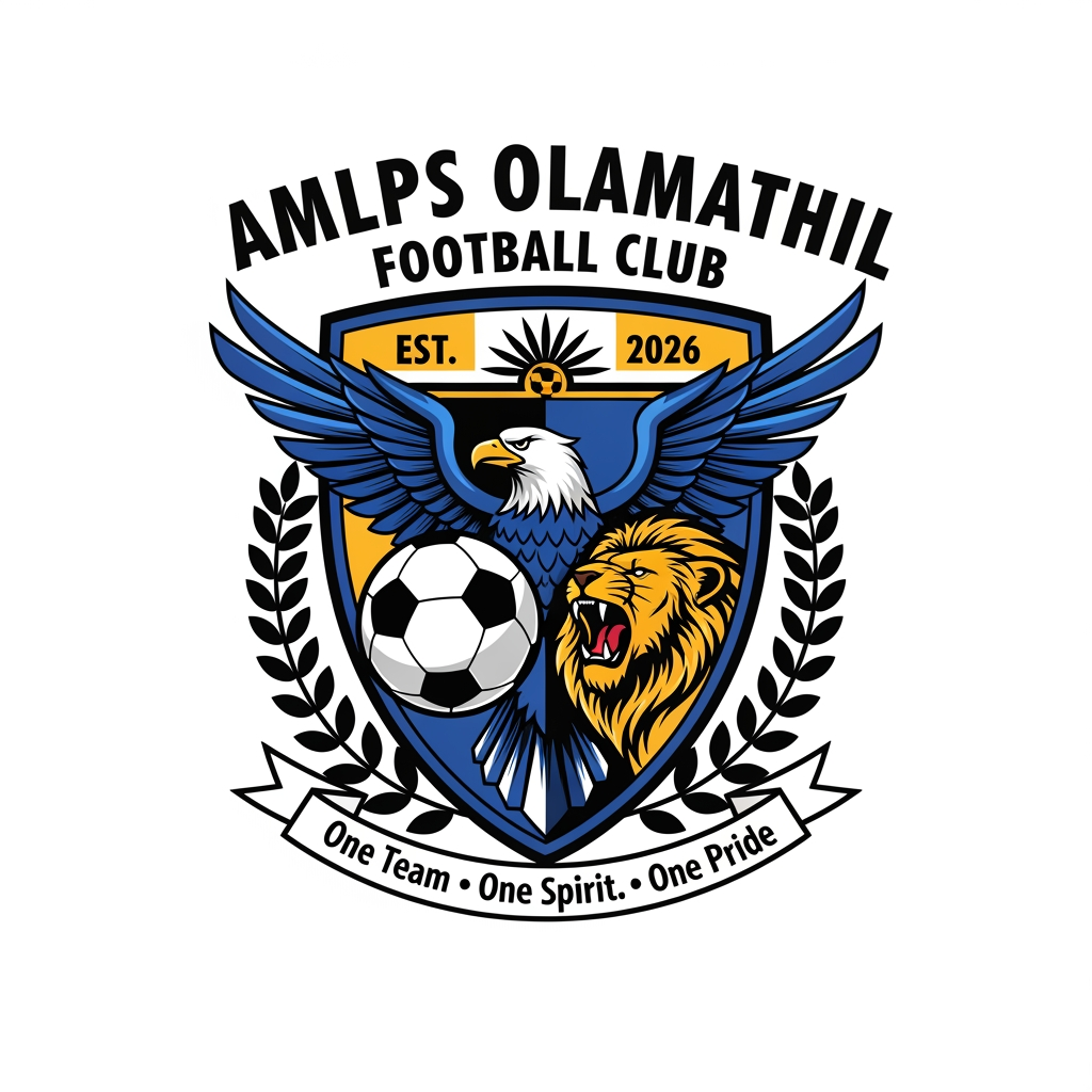 AI Design for Design a premium, modern football club logo for "AMLPS Olamathil Football Club". The logo should symbolize football passion, teamwork, unity, determination, excellence, and the pride of AMLPS Olamathil School.
Create a bold crest-style emblem inspired by professional football clubs, with a clean, timeless, and memorable appearance.
Include:
A dynamic football at the center.
A soaring eagle or roaring lion to represent courage, leadership, and strength.
A laurel wreath symbolizing victory and achievement.
A shield shape representing protection, discipline, and school spirit.
Subtle elements inspired by Kerala, such as palm leaves or traditional motifs, integrated elegantly.
The text "AMLPS OLAMATHIL" prominently displayed.
The year "EST. 2026" (or the school's founding year if preferred).
A ribbon with the motto:
"One Team • One Spirit • One Pride"
Color Palette:
Royal Blue (trust, confidence)
Gold (victory, excellence)
White (unity, purity)
Black accents (strength and professionalism)
Design Style:
Professional football club badge
Flat vector design
Minimal yet powerful
Symmetrical composition
High contrast
Suitable for jerseys, flags, trophies, social media, and merchandise
No gradients, no mockups, transparent background
Crisp, scalable SVG-style vector artwork
The logo should immediately communicate football passion, teamwork, school pride, sportsmanship, discipline, and the fighting spirit of AMLPS Olamathil, with a premium, championship-quality appearance comparable to top international football club emblems. Produce a clean 4K vector-style logo with exceptional detail and balance.