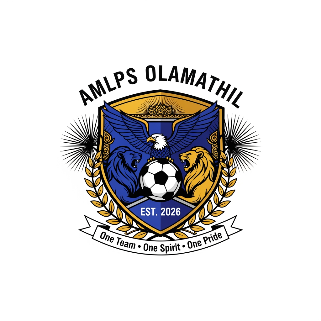 AI Design for Design a premium, modern football club logo for "AMLPS Olamathil Football Club". The logo should symbolize football passion, teamwork, unity, determination, excellence, and the pride of AMLPS Olamathil School.
Create a bold crest-style emblem inspired by professional football clubs, with a clean, timeless, and memorable appearance.
Include:
A dynamic football at the center.
A soaring eagle or roaring lion to represent courage, leadership, and strength.
A laurel wreath symbolizing victory and achievement.
A shield shape representing protection, discipline, and school spirit.
Subtle elements inspired by Kerala, such as palm leaves or traditional motifs, integrated elegantly.
The text "AMLPS OLAMATHIL" prominently displayed.
The year "EST. 2026" (or the school's founding year if preferred).
A ribbon with the motto:
"One Team • One Spirit • One Pride"
Color Palette:
Royal Blue (trust, confidence)
Gold (victory, excellence)
White (unity, purity)
Black accents (strength and professionalism)
Design Style:
Professional football club badge
Flat vector design
Minimal yet powerful
Symmetrical composition
High contrast
Suitable for jerseys, flags, trophies, social media, and merchandise
No gradients, no mockups, transparent background
Crisp, scalable SVG-style vector artwork
The logo should immediately communicate football passion, teamwork, school pride, sportsmanship, discipline, and the fighting spirit of AMLPS Olamathil, with a premium, championship-quality appearance comparable to top international football club emblems. Produce a clean 4K vector-style logo with exceptional detail and balance.