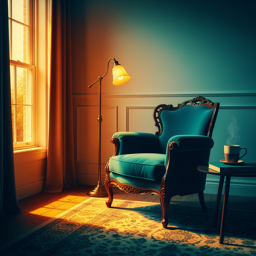 AI Design for A vibrant and harmonious color palette transformation, shifting the scene into a sophisticated scheme of deep teals, warm amber highlights, and soft cream neutrals. The lighting is adjusted to create a cinematic atmosphere with rich color grading, emphasizing texture and depth in the composition.