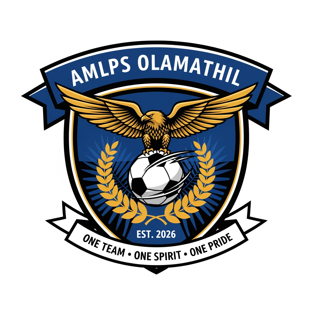 AI Design for Design a premium, modern football club logo for "AMLPS Olamathil Football Club". The logo should symbolize football passion, teamwork, unity, determination, excellence, and the pride of AMLPS Olamathil School.
Create a bold crest-style emblem inspired by professional football clubs, with a clean, timeless, and memorable appearance.
Include:
A dynamic football at the center.
A soaring eagle or roaring lion to represent courage, leadership, and strength.
A laurel wreath symbolizing victory and achievement.
A shield shape representing protection, discipline, and school spirit.
Subtle elements inspired by Kerala, such as palm leaves or traditional motifs, integrated elegantly.
The text "AMLPS OLAMATHIL" prominently displayed.
The year "EST. 2026" (or the school's founding year if preferred).
A ribbon with the motto:
"One Team • One Spirit • One Pride"
Color Palette:
Royal Blue (trust, confidence)
Gold (victory, excellence)
White (unity, purity)
Black accents (strength and professionalism)
Design Style:
Professional football club badge
Flat vector design
Minimal yet powerful
Symmetrical composition
High contrast
Suitable for jerseys, flags, trophies, social media, and merchandise
No gradients, no mockups, transparent background
Crisp, scalable SVG-style vector artwork
The logo should immediately communicate football passion, teamwork, school pride, sportsmanship, discipline, and the fighting spirit of AMLPS Olamathil, with a premium, championship-quality appearance comparable to top international football club emblems. Produce a clean 4K vector-style logo with exceptional detail and balance.