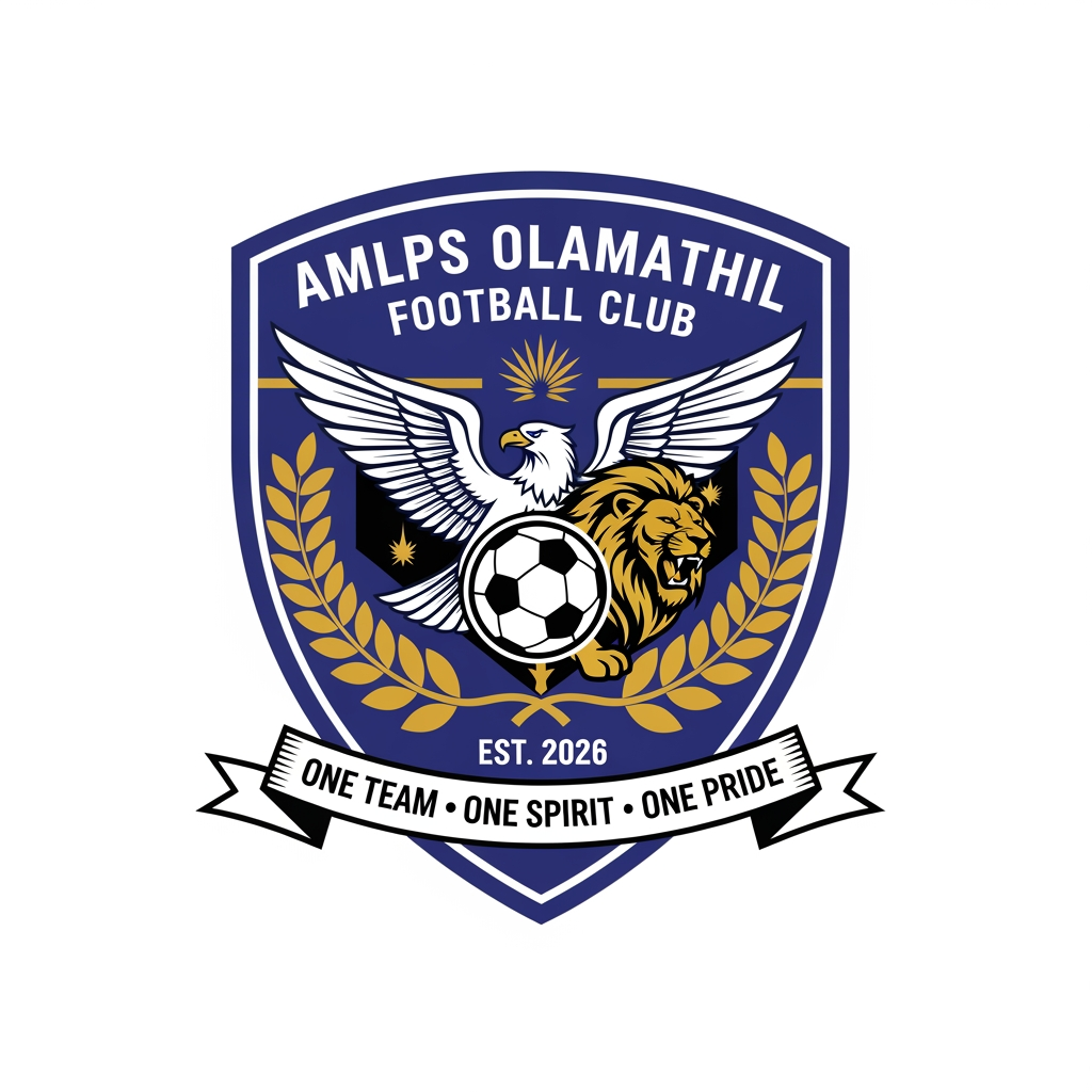 AI Design for Design a premium, modern football club logo for "AMLPS Olamathil Football Club". The logo should symbolize football passion, teamwork, unity, determination, excellence, and the pride of AMLPS Olamathil School.
Create a bold crest-style emblem inspired by professional football clubs, with a clean, timeless, and memorable appearance.
Include:
A dynamic football at the center.
A soaring eagle or roaring lion to represent courage, leadership, and strength.
A laurel wreath symbolizing victory and achievement.
A shield shape representing protection, discipline, and school spirit.
Subtle elements inspired by Kerala, such as palm leaves or traditional motifs, integrated elegantly.
The text "AMLPS OLAMATHIL" prominently displayed.
The year "EST. 2026" (or the school's founding year if preferred).
A ribbon with the motto:
"One Team • One Spirit • One Pride"
Color Palette:
Royal Blue (trust, confidence)
Gold (victory, excellence)
White (unity, purity)
Black accents (strength and professionalism)
Design Style:
Professional football club badge
Flat vector design
Minimal yet powerful
Symmetrical composition
High contrast
Suitable for jerseys, flags, trophies, social media, and merchandise
No gradients, no mockups, transparent background
Crisp, scalable SVG-style vector artwork
The logo should immediately communicate football passion, teamwork, school pride, sportsmanship, discipline, and the fighting spirit of AMLPS Olamathil, with a premium, championship-quality appearance comparable to top international football club emblems. Produce a clean 4K vector-style logo with exceptional detail and balance.