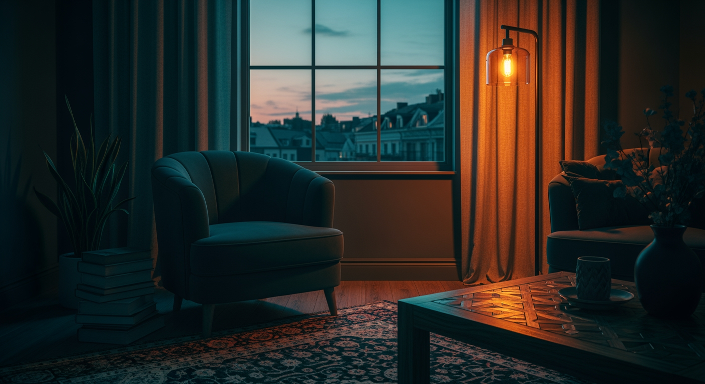 AI Design for A vibrant and harmonious color palette transformation, shifting the scene into a sophisticated scheme of deep teals, warm amber highlights, and soft cream neutrals. The lighting is adjusted to create a cinematic atmosphere with rich color grading, emphasizing texture and depth in the composition.
