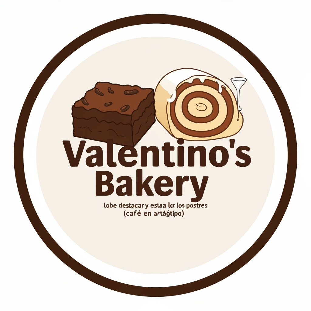 AI Design for Diseño de imagotipo para una repostería llamada 'Valentino's Bakery'. El diseño debe estar centrado en un marco circular con márgenes, ideal para una foto de perfil de redes sociales. La paleta de colores debe incluir tonos morados (claro y oscuro) y detalles en color café artesanal. El elemento gráfico debe incluir una ilustración de un brownie y un rol de canela con glaseado blanco en estilo animado/caricatura. El texto 'Valentino's Bakery' debe destacar de forma clara y estar visualmente separado de los postres (estilo imagotipo), manteniendo un equilibrio donde los dibujos no le roben el protagonismo al nombre."