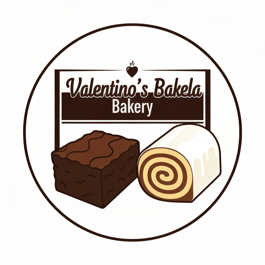 AI Design for Diseño de imagotipo para una repostería llamada 'Valentino's Bakery'. El diseño debe estar centrado en un marco circular con márgenes, ideal para una foto de perfil de redes sociales. La paleta de colores debe incluir tonos morados (claro y oscuro) y detalles en color café artesanal. El elemento gráfico debe incluir una ilustración de un brownie y un rol de canela con glaseado blanco en estilo animado/caricatura. El texto 'Valentino's Bakery' debe destacar de forma clara y estar visualmente separado de los postres (estilo imagotipo), manteniendo un equilibrio donde los dibujos no le roben el protagonismo al nombre."