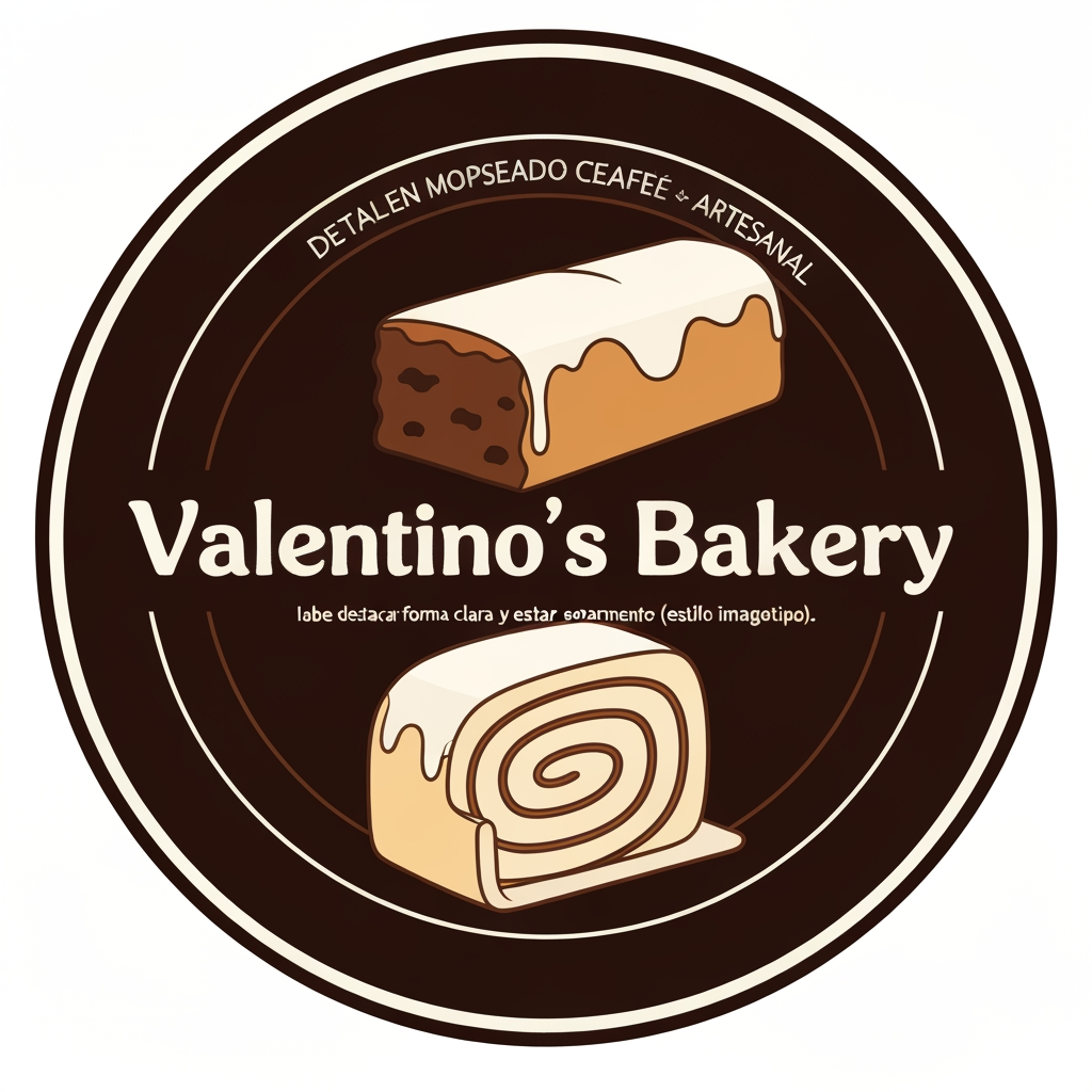 AI Design for Diseño de imagotipo para una repostería llamada 'Valentino's Bakery'. El diseño debe estar centrado en un marco circular con márgenes, ideal para una foto de perfil de redes sociales. La paleta de colores debe incluir tonos morados (claro y oscuro) y detalles en color café artesanal. El elemento gráfico debe incluir una ilustración de un brownie y un rol de canela con glaseado blanco en estilo animado/caricatura. El texto 'Valentino's Bakery' debe destacar de forma clara y estar visualmente separado de los postres (estilo imagotipo), manteniendo un equilibrio donde los dibujos no le roben el protagonismo al nombre."