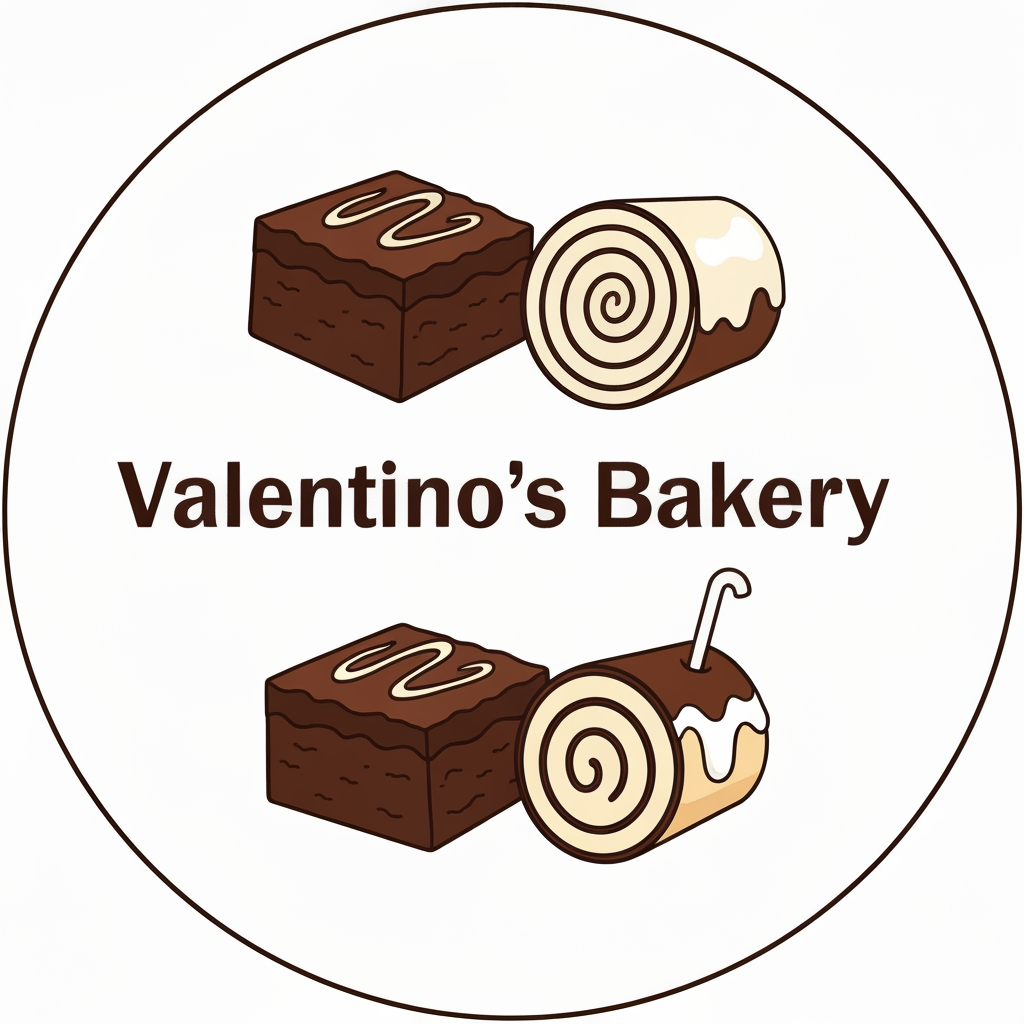 AI Design for Diseño de imagotipo para una repostería llamada 'Valentino's Bakery'. El diseño debe estar centrado en un marco circular con márgenes, ideal para una foto de perfil de redes sociales. La paleta de colores debe incluir tonos morados (claro y oscuro) y detalles en color café artesanal. El elemento gráfico debe incluir una ilustración de un brownie y un rol de canela con glaseado blanco en estilo animado/caricatura. El texto 'Valentino's Bakery' debe destacar de forma clara y estar visualmente separado de los postres (estilo imagotipo), manteniendo un equilibrio donde los dibujos no le roben el protagonismo al nombre."