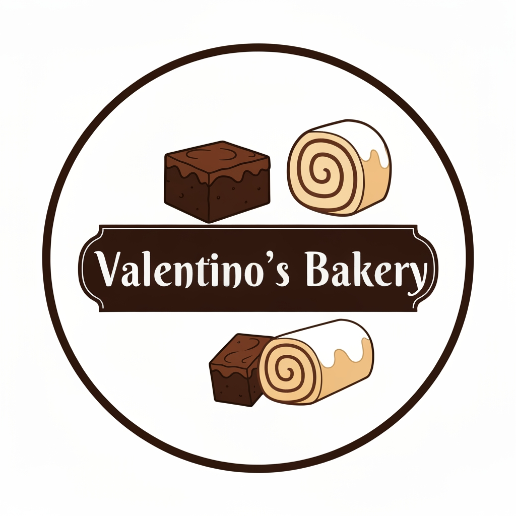 AI Design for Diseño de imagotipo para una repostería llamada 'Valentino's Bakery'. El diseño debe estar centrado en un marco circular con márgenes, ideal para una foto de perfil de redes sociales. La paleta de colores debe incluir tonos morados (claro y oscuro) y detalles en color café artesanal. El elemento gráfico debe incluir una ilustración de un brownie y un rol de canela con glaseado blanco en estilo animado/caricatura. El texto 'Valentino's Bakery' debe destacar de forma clara y estar visualmente separado de los postres (estilo imagotipo), manteniendo un equilibrio donde los dibujos no le roben el protagonismo al nombre."