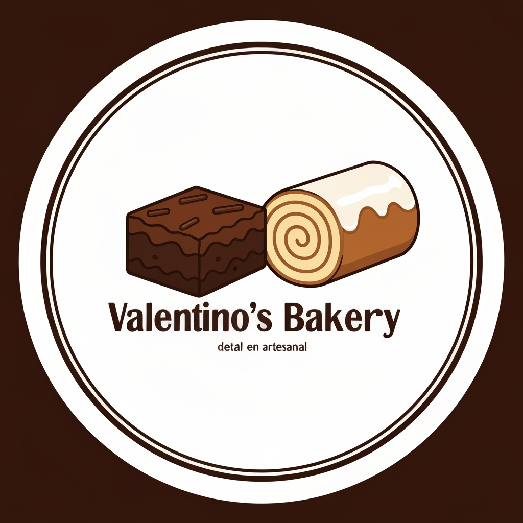 AI Design for Diseño de imagotipo para una repostería llamada 'Valentino's Bakery'. El diseño debe estar centrado en un marco circular con márgenes, ideal para una foto de perfil de redes sociales. La paleta de colores debe incluir tonos morados (claro y oscuro) y detalles en color café artesanal. El elemento gráfico debe incluir una ilustración de un brownie y un rol de canela con glaseado blanco en estilo animado/caricatura. El texto 'Valentino's Bakery' debe destacar de forma clara y estar visualmente separado de los postres (estilo imagotipo), manteniendo un equilibrio donde los dibujos no le roben el protagonismo al nombre."
