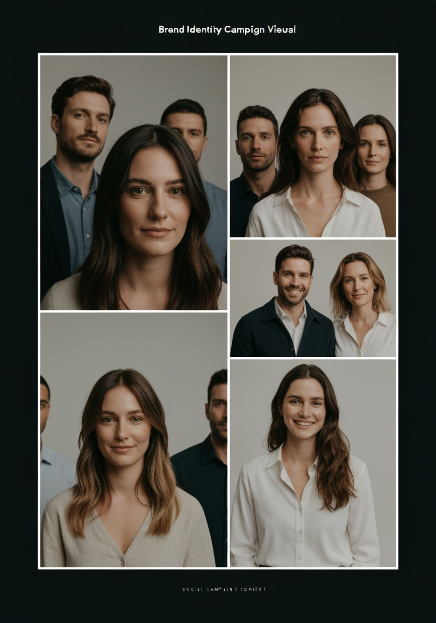 AI Design for Social campaign preview concept for Brand identity directions for a client. Portrait campaign visual that feels ready for client approval, clear focal image, cohesive art direction, clean space for copy to be added later, no generated text.