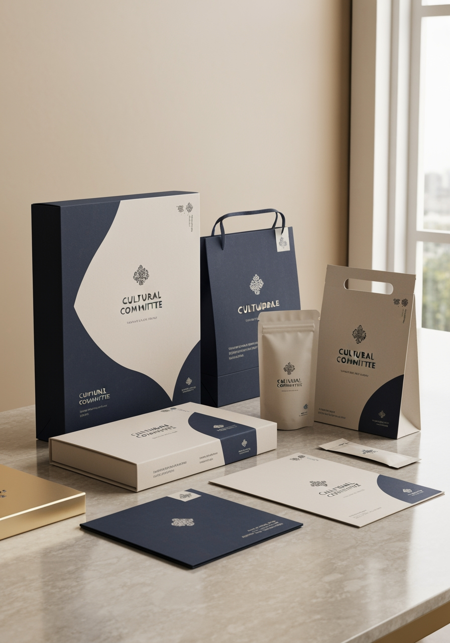 AI Design for Premium packaging mockup concept for Cultural committee. Brand identity applied to realistic boxes, pouches, labels, wraps, or bags as appropriate, polished tabletop scene, tactile materials, no invented readable copy.