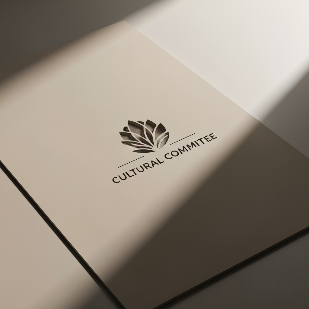 AI Design for Premium logo presentation mockup concept for Cultural committee. Logo or brand mark displayed on a clean neutral surface with subtle depth, refined shadow, precise alignment, elegant design-studio presentation, no extra readable text.