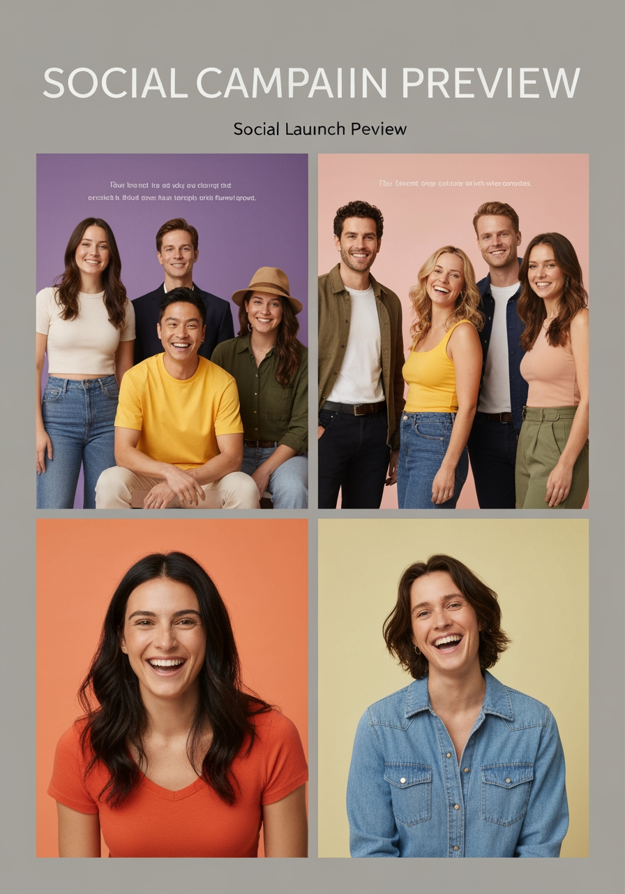 AI Design for Social campaign preview concept for Social launch kit for a client campaign. Portrait campaign visual that feels ready for client approval, clear focal image, cohesive art direction, clean space for copy to be added later, no generated text.