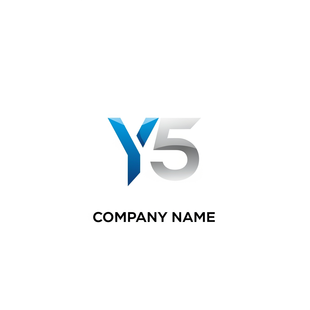 AI Design for A professional and modern logo design for a mobile shop, featuring sleek, minimalist typography centered around a stylized letter Y and the number 5. The composition utilizes sharp, geometric lines and a high-tech aesthetic, rendered in an electric blue and polished silver color palette against a clean, stark white background. The design emphasizes innovation and reliability through a balanced, sophisticated, and symmetrical layout.