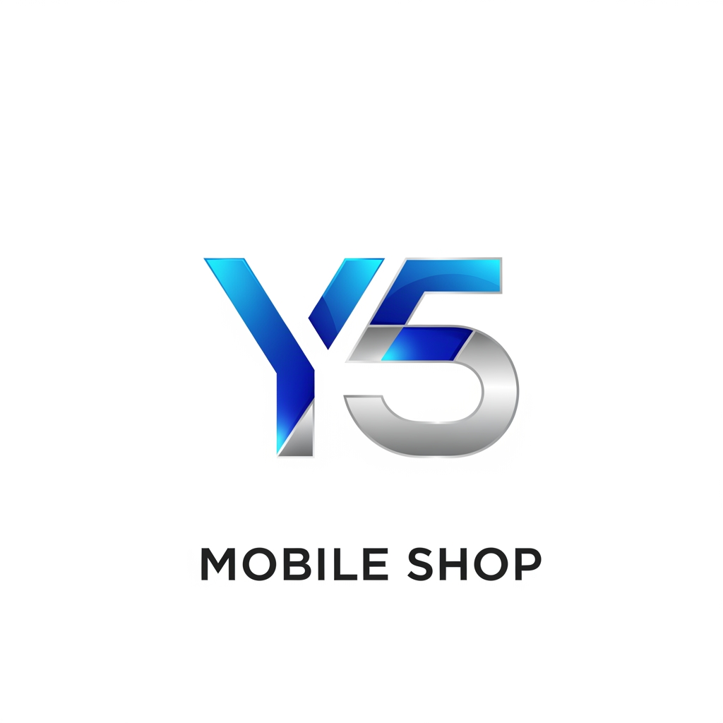 AI Design for A professional and modern logo design for a mobile shop, featuring sleek, minimalist typography centered around a stylized letter Y and the number 5. The composition utilizes sharp, geometric lines and a high-tech aesthetic, rendered in an electric blue and polished silver color palette against a clean, stark white background. The design emphasizes innovation and reliability through a balanced, sophisticated, and symmetrical layout.