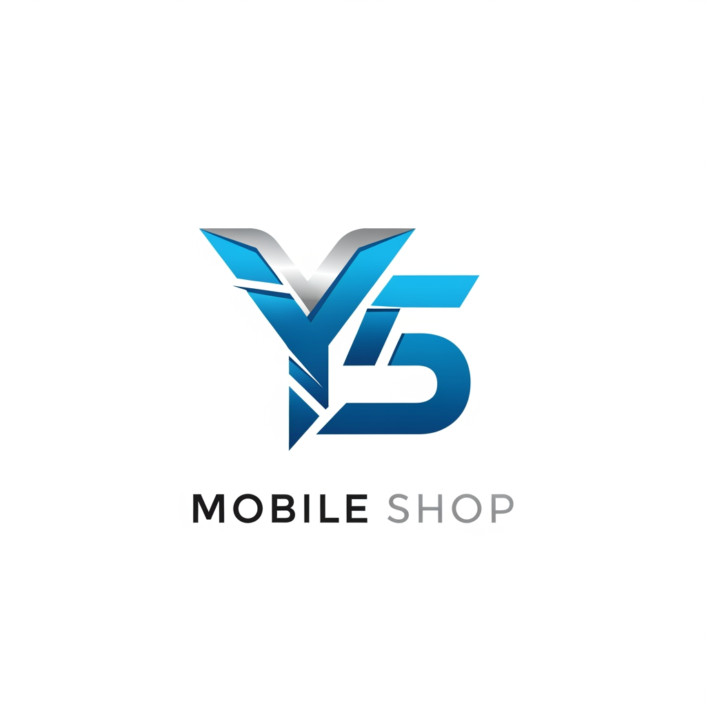 AI Design for A professional and modern logo design for a mobile shop, featuring sleek, minimalist typography centered around a stylized letter Y and the number 5. The composition utilizes sharp, geometric lines and a high-tech aesthetic, rendered in an electric blue and polished silver color palette against a clean, stark white background. The design emphasizes innovation and reliability through a balanced, sophisticated, and symmetrical layout.