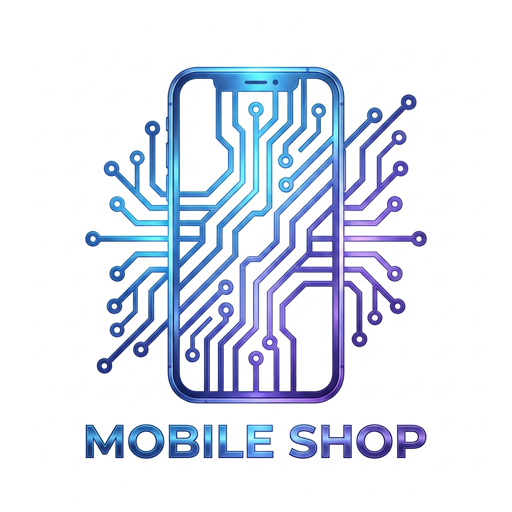 AI Design for A sophisticated and innovative logo design featuring a stylized, modern smartphone silhouette integrated with abstract geometric circuitry patterns. The aesthetic uses a vibrant gradient color palette of electric blue and violet, with clean, bold lines and a premium metallic texture to create a sense of high-tech elegance. The composition is balanced and eye-catching, designed for maximum visual impact in a professional tech context.