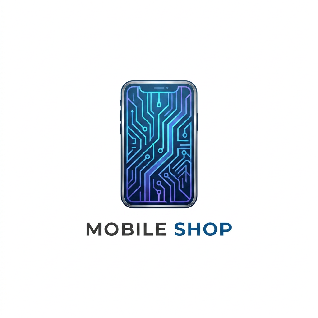 AI Design for A sophisticated and innovative logo design featuring a stylized, modern smartphone silhouette integrated with abstract geometric circuitry patterns. The aesthetic uses a vibrant gradient color palette of electric blue and violet, with clean, bold lines and a premium metallic texture to create a sense of high-tech elegance. The composition is balanced and eye-catching, designed for maximum visual impact in a professional tech context.