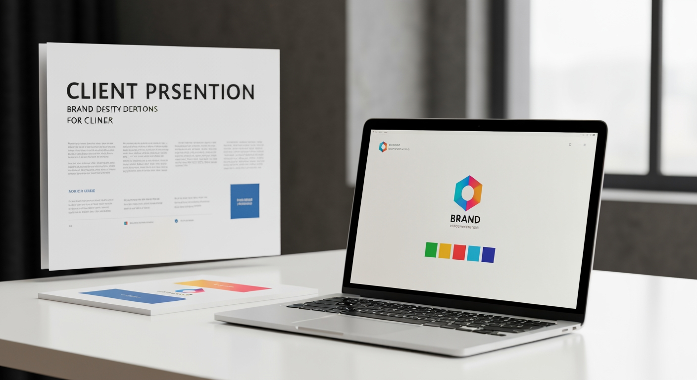 AI Design for Client presentation mockup concept for Brand identity directions for a client. Polished scene showing the design direction applied to a realistic surface, screen, poster, or object, premium agency presentation style, no readable placeholder text.