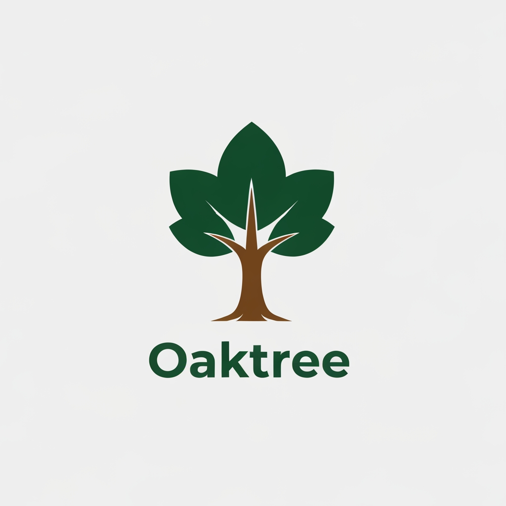 AI Design for growth and safety.Natural Colors: Use deep forest green for the leaves and warm earth brown for the trunk, placed on a plain white or light gray background.Clear Text: Put the company name Oaktree below or next to the icon using a solid, easy-to-read sans-serif font. h brown for the trunk, placed on a plain white or light gray background.Clear Text: Put the company name Oaktree below or next to the icon using a solid, easy-to-read sans-serif font.