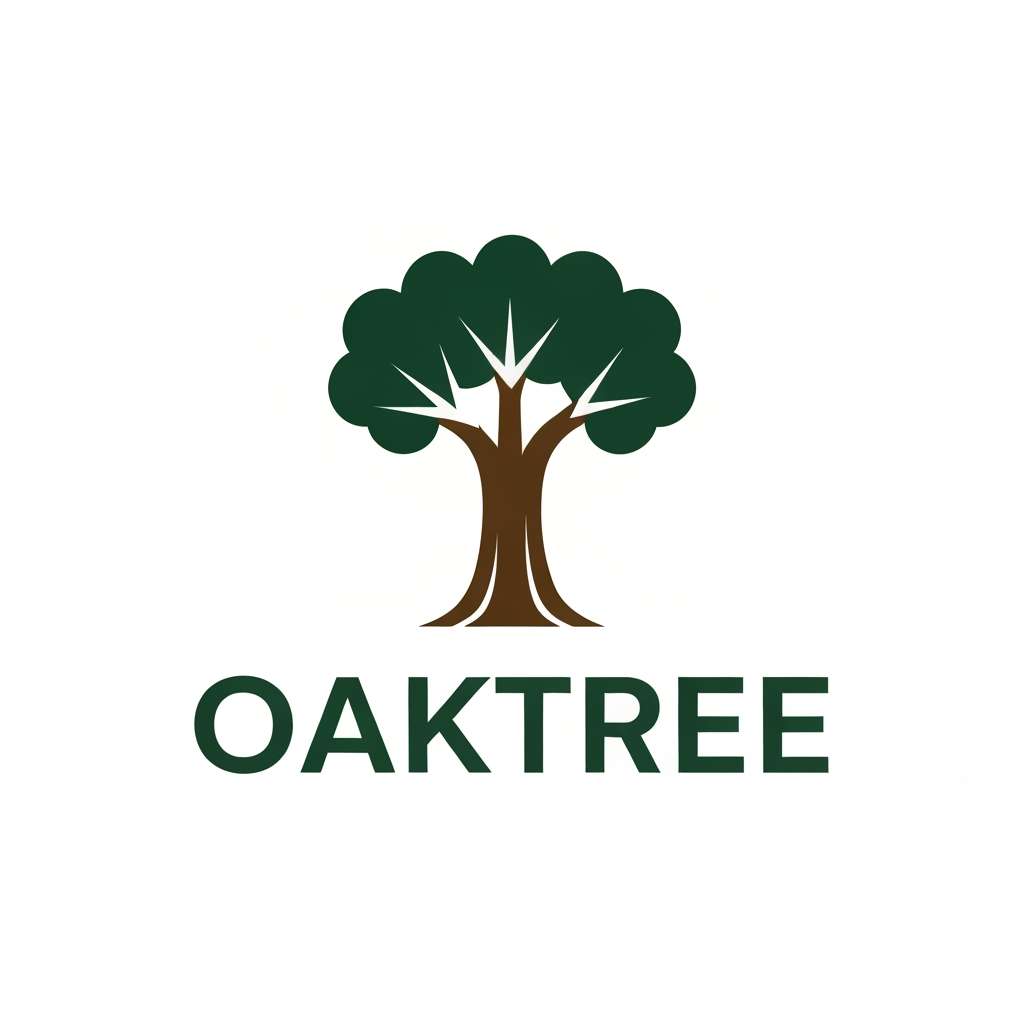 AI Design for Visual ElementsThe Tree: A bold, solid trunk with smooth lines and open, rounded leaf clusters.The Style: Flat art with no 3D effects, shadows, or gradients.The Colors: Dark forest green for the leaves and warm dark brown for the trunk.The Layout: An icon of the tree placed directly above or beside the bold, clean text name "OAKTREE".Text and Font DetailsThe Font: A modern sans-serif typeface with wide spacing.The Feel: Simple, friendly, and easy to read on any screen or paper.