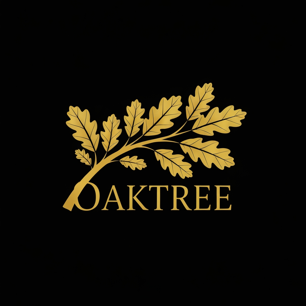 AI Design for Right now i just need you to make a logo for a clothing company OakTree and i need you to represent it with money ok man the color of the backgroudn should be balack the text and the leaves should be golden