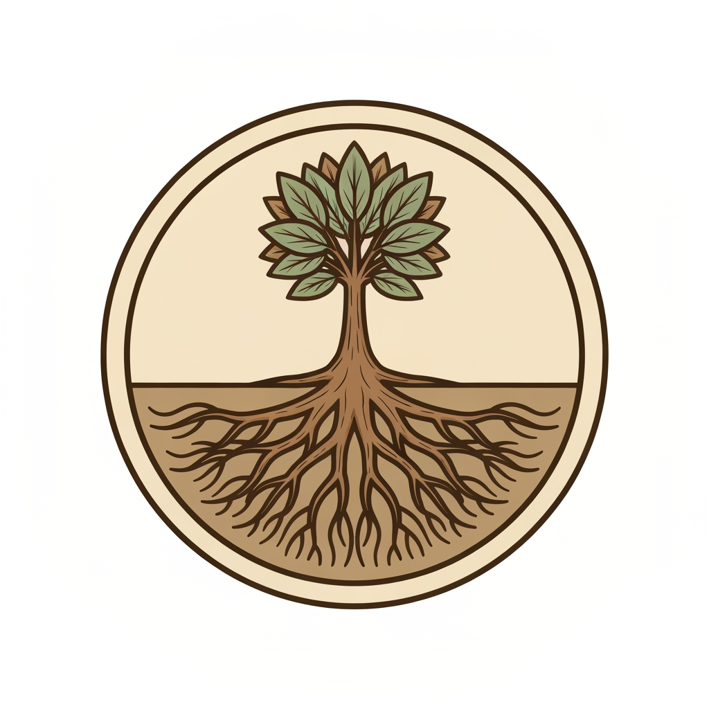 AI Design for Classic & TimelessIcon: A round badge showing deep roots at the bottom and a rich leafy top at the high center.Colors: Earthy brown and muted gold.Vype: Trusted, historic, and stable.